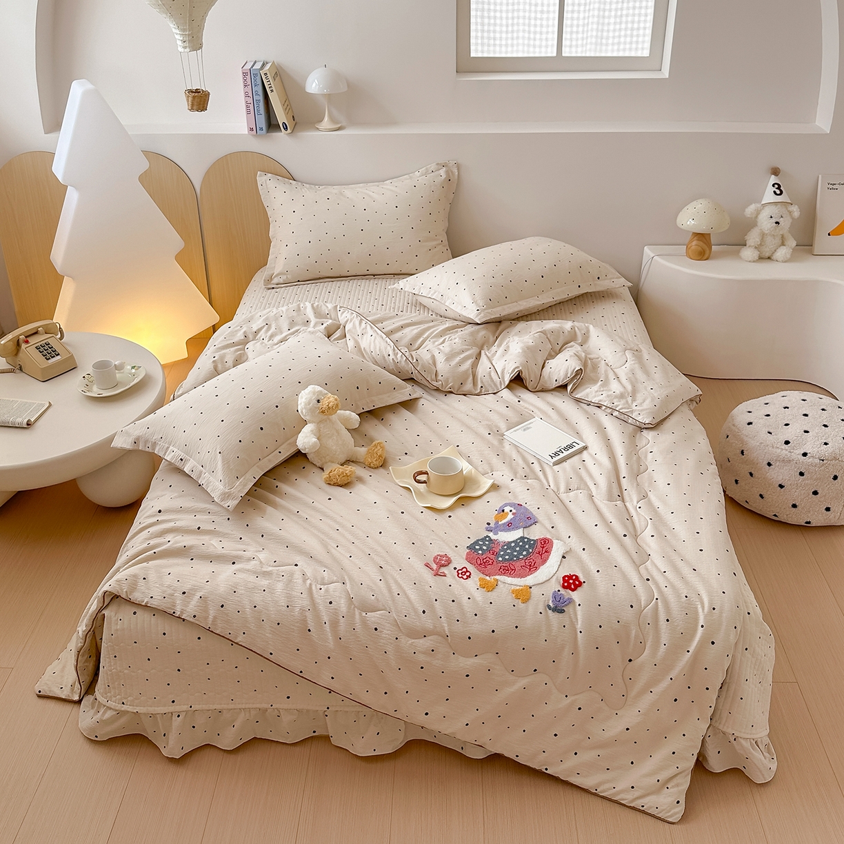 91家纺网 家纺一手货源 找家纺 元熙 2025新款木棉砂洗毛巾绣毛巾绣被芯床盖四件套 加油鸭