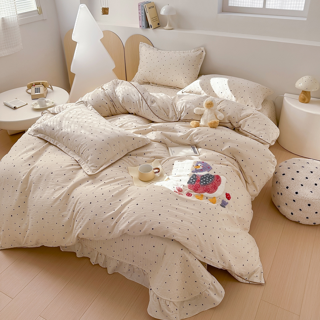 91家纺网 家纺一手货源 找家纺 元熙 2025新款木棉砂洗毛巾绣毛巾绣被芯床盖四件套 加油鸭