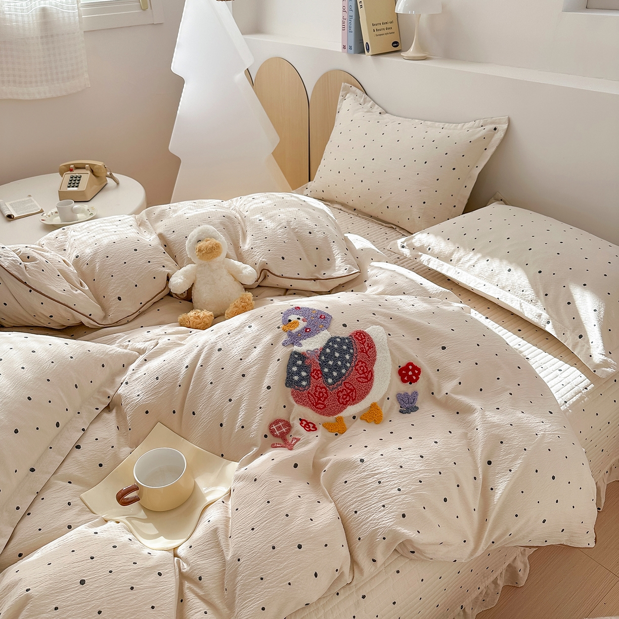 91家纺网 家纺一手货源 找家纺 元熙 2025新款木棉砂洗毛巾绣毛巾绣被芯床盖四件套 加油鸭