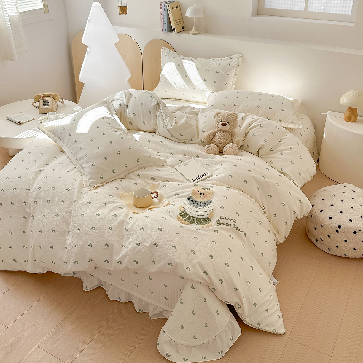 91家纺网 家纺一手货源 找家纺 元熙 2025新款木棉砂洗毛巾绣毛巾绣被芯床盖四件套 绿叶熊