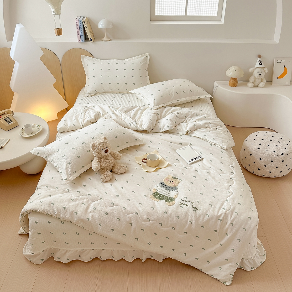 91家纺网 家纺一手货源 找家纺 元熙 2025新款木棉砂洗毛巾绣毛巾绣被芯床盖四件套 绿叶熊