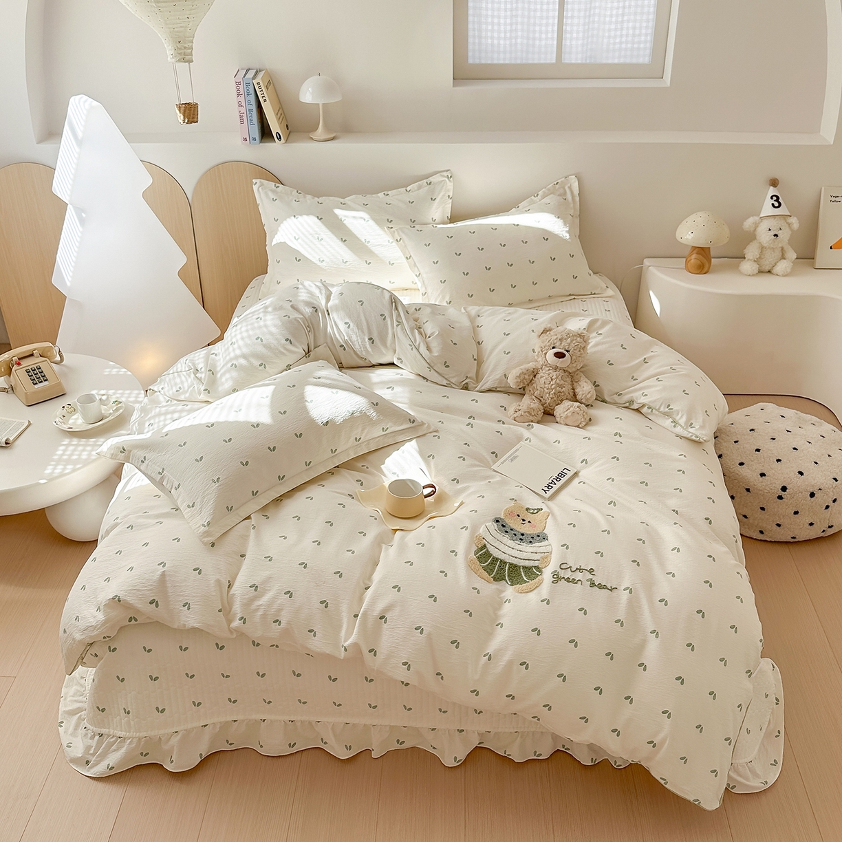 91家纺网 家纺一手货源 找家纺 元熙 2025新款木棉砂洗毛巾绣毛巾绣被芯床盖四件套 绿叶熊