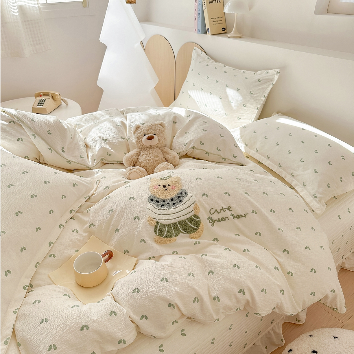 91家纺网 家纺一手货源 找家纺 元熙 2025新款木棉砂洗毛巾绣毛巾绣被芯床盖四件套 绿叶熊