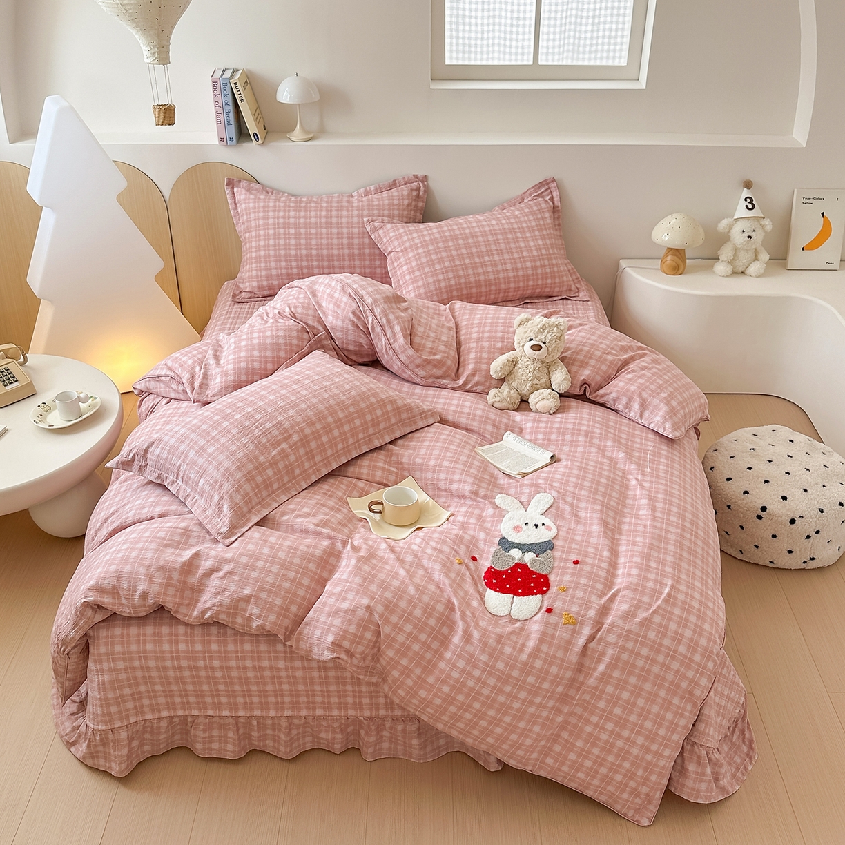 91家纺网 家纺一手货源 找家纺 元熙 2025新款木棉砂洗毛巾绣毛巾绣被芯床盖四件套 萌萌兔