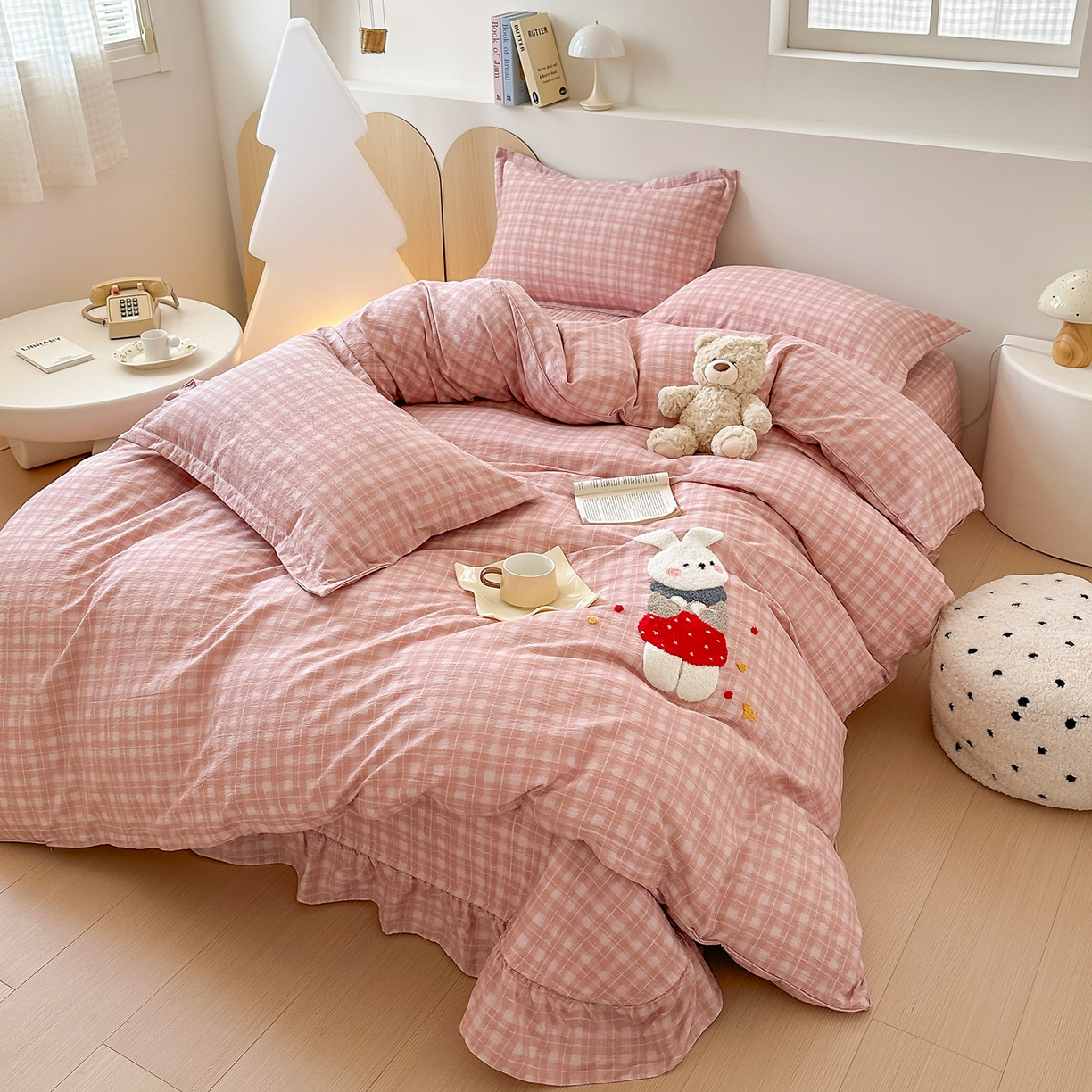 91家纺网 家纺一手货源 找家纺 元熙 2025新款木棉砂洗毛巾绣毛巾绣被芯床盖四件套 萌萌兔