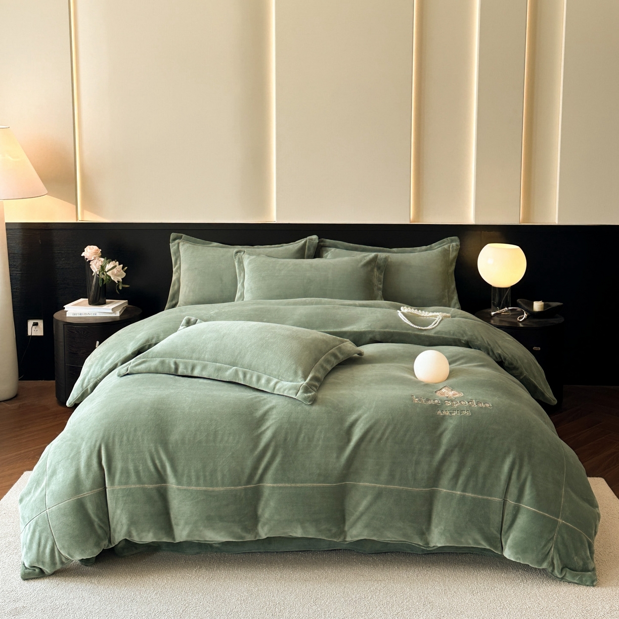 91家纺网 家纺一手货源 找家纺 狂想家 2025新款刺绣牛奶绒四件套-安琪儿 安琪儿-松石绿