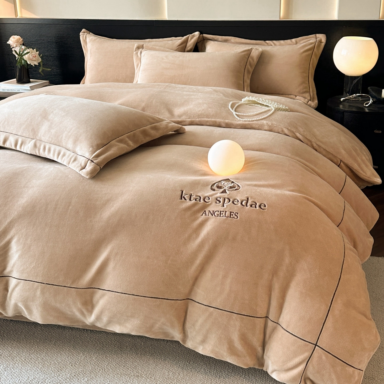 91家纺网 家纺一手货源 找家纺 狂想家 2025新款刺绣牛奶绒四件套-安琪儿 安琪儿-浅驼色