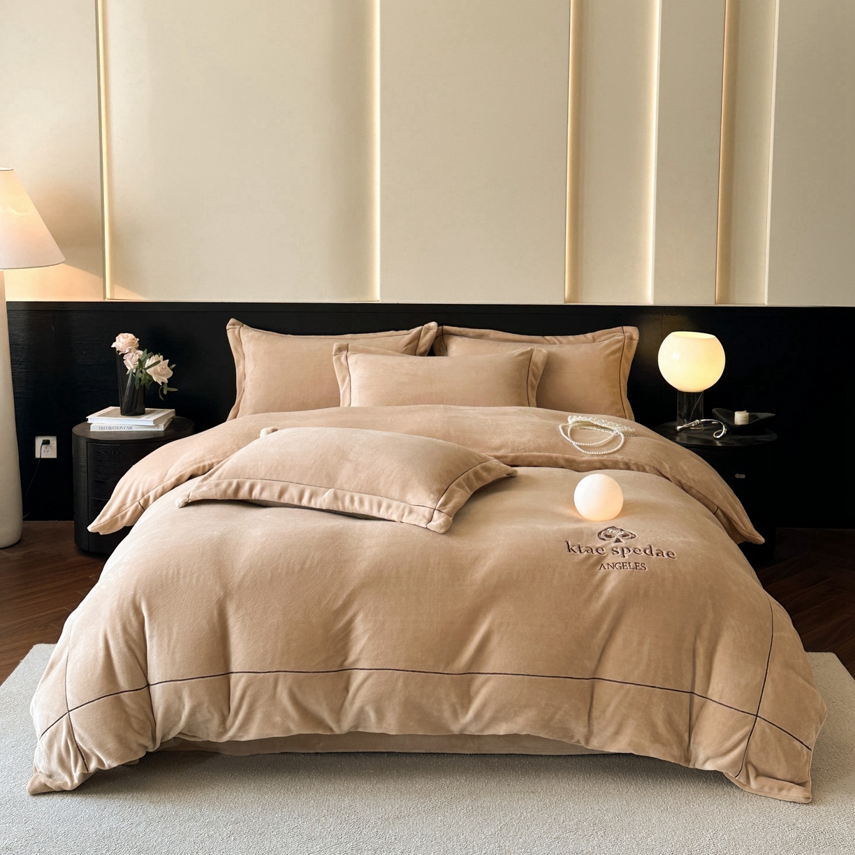 91家纺网 家纺一手货源 找家纺 狂想家 2025新款刺绣牛奶绒四件套-安琪儿 安琪儿-浅驼色