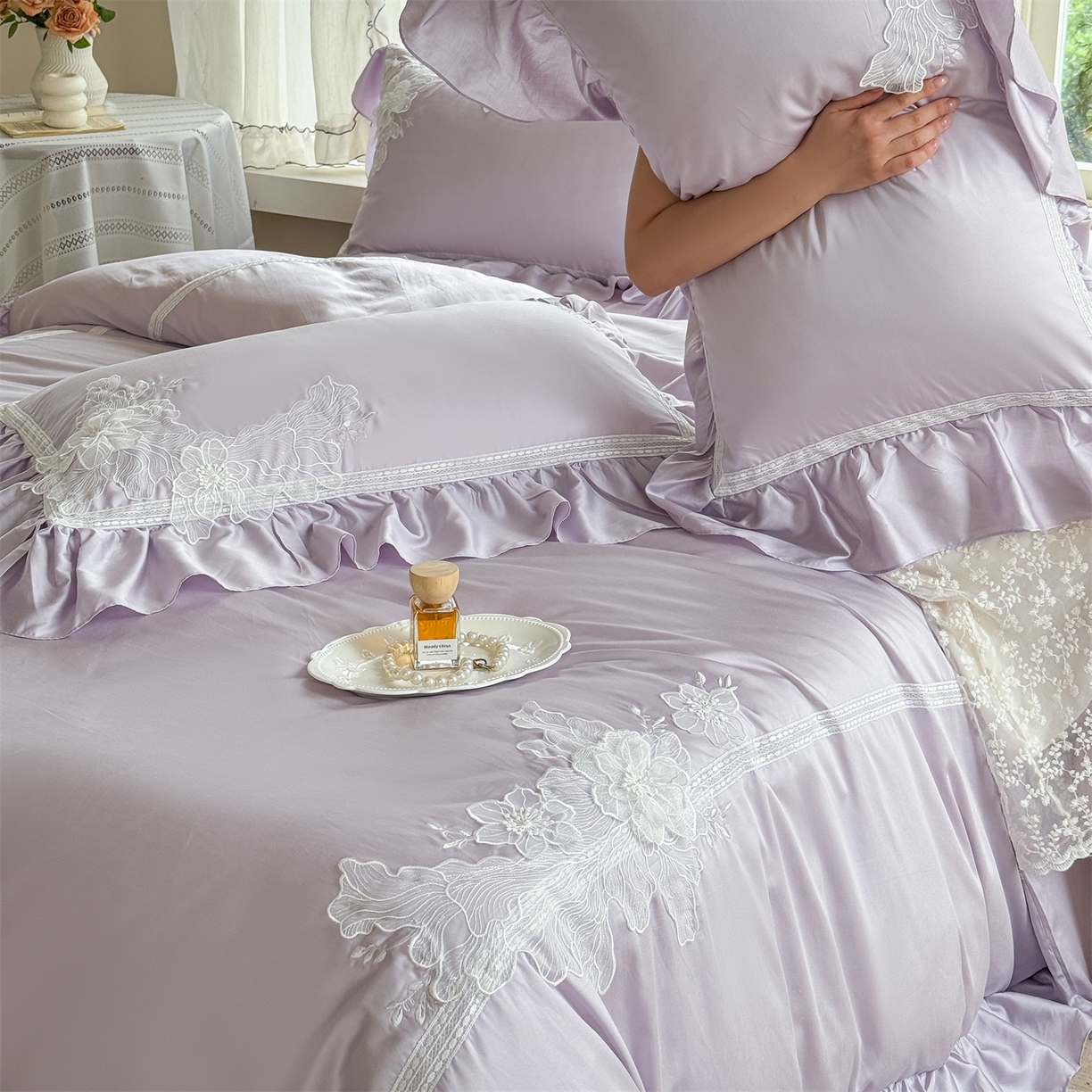 91家纺网 家纺一手货源 找家纺 美娘阁 2025新款长绒棉全棉提花居家款四件套-西西里岛 西西里岛-紫