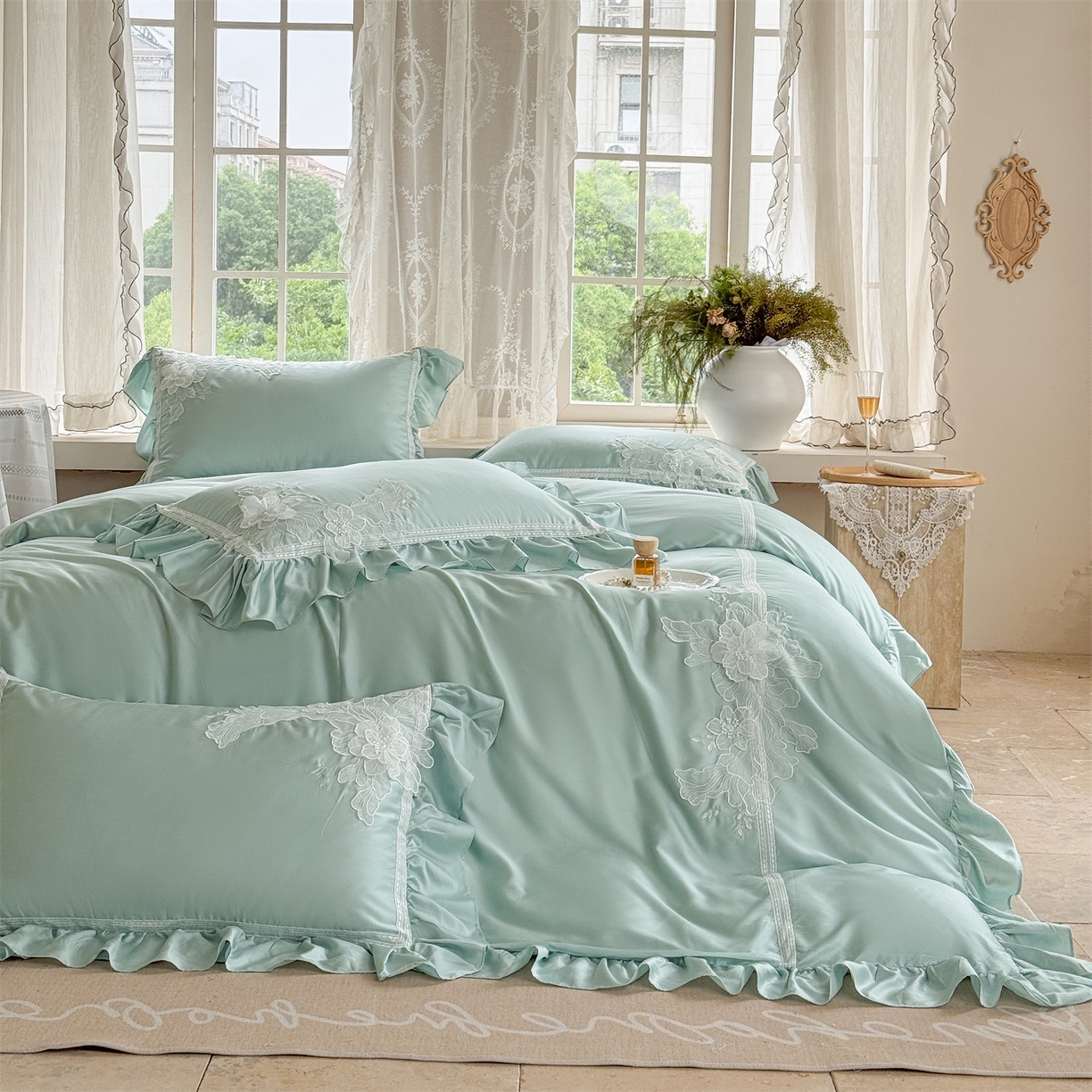 91家纺网 家纺一手货源 找家纺 美娘阁 2025新款长绒棉全棉提花居家款四件套-西西里岛 西西里岛-绿