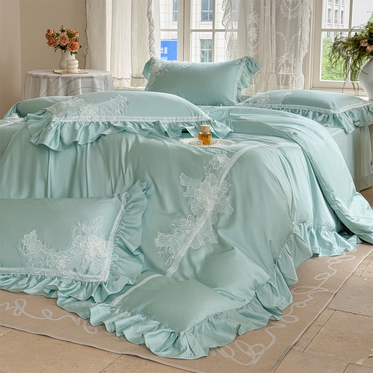 91家纺网 家纺一手货源 找家纺 美娘阁 2025新款长绒棉全棉提花居家款四件套-西西里岛 西西里岛-绿