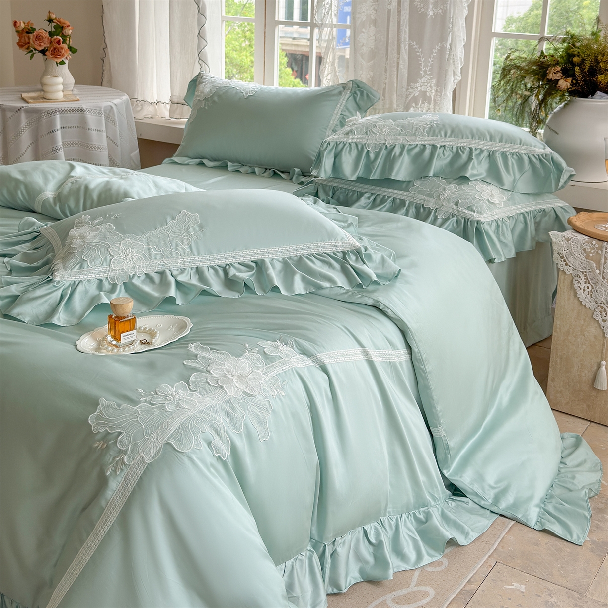 91家纺网 家纺一手货源 找家纺 美娘阁 2025新款长绒棉全棉提花居家款四件套-西西里岛 西西里岛-绿