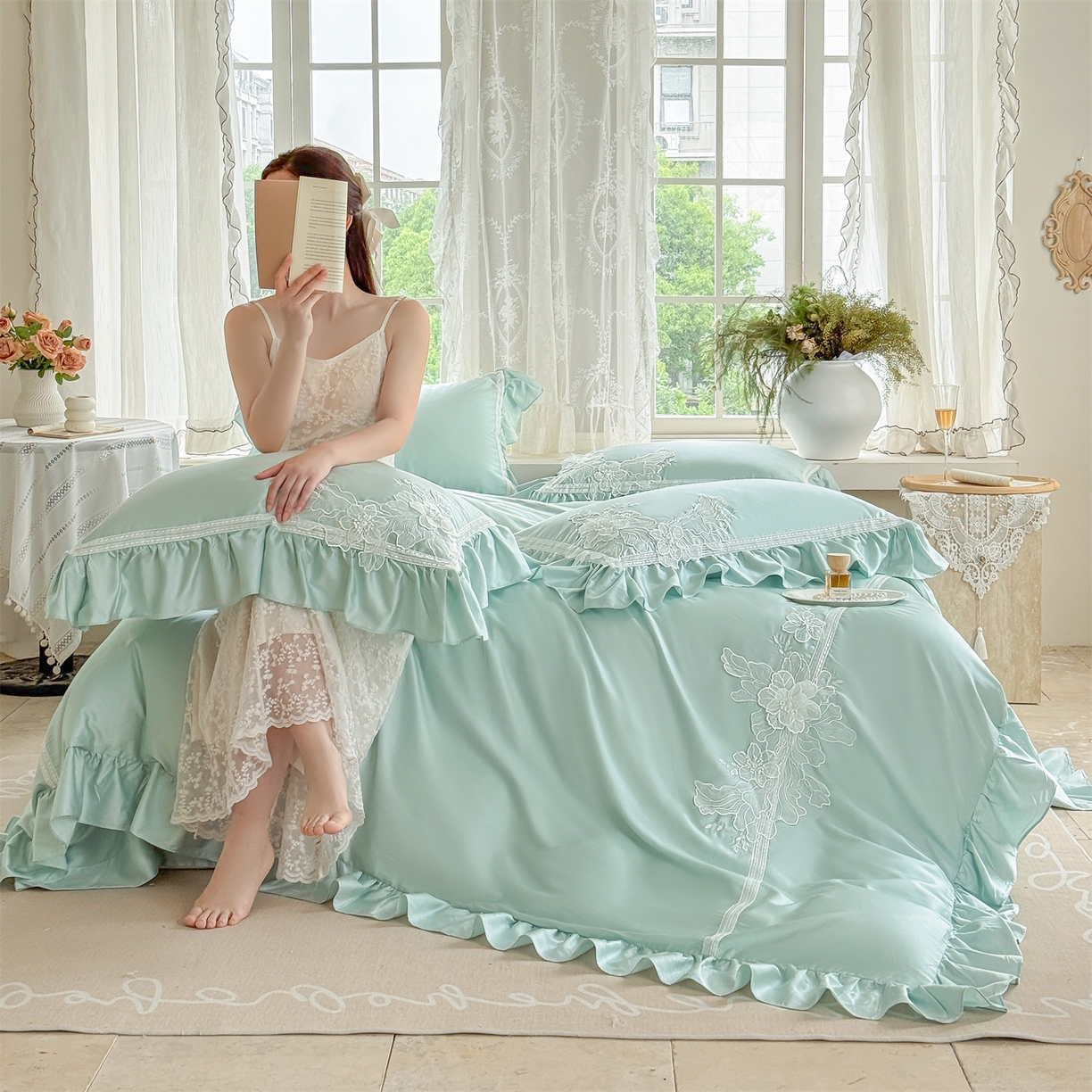 91家纺网 家纺一手货源 找家纺 美娘阁 2025新款长绒棉全棉提花居家款四件套-西西里岛 西西里岛-绿