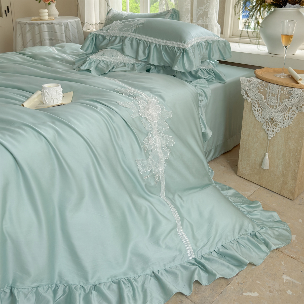 91家纺网 家纺一手货源 找家纺 美娘阁 2025新款长绒棉全棉提花居家款四件套-西西里岛 西西里岛-绿