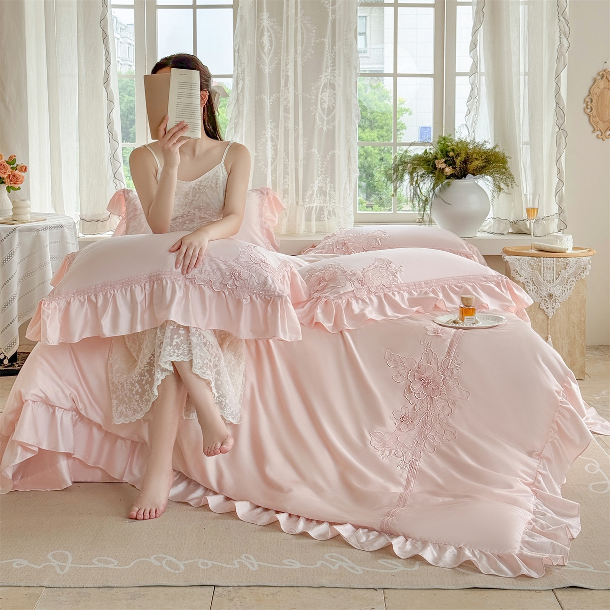 91家纺网 家纺一手货源 找家纺 美娘阁 2025新款长绒棉全棉提花居家款四件套-西西里岛 西西里岛-仙粉