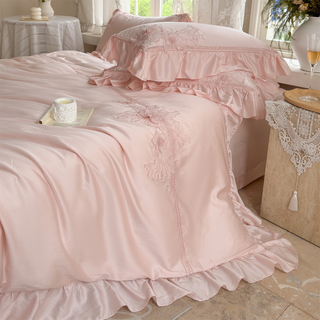 91家纺网 家纺一手货源 找家纺 美娘阁 2025新款长绒棉全棉提花居家款四件套-西西里岛 西西里岛-仙粉