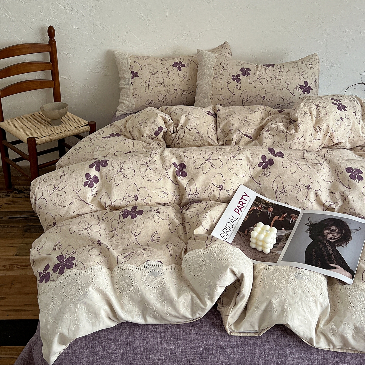 91家纺网 家纺一手货源 找家纺 一比一家纺 2026秋冬新品高克重原麻复古全棉花边棉麻侘寂风原麻四件套 （控价99元）约定紫