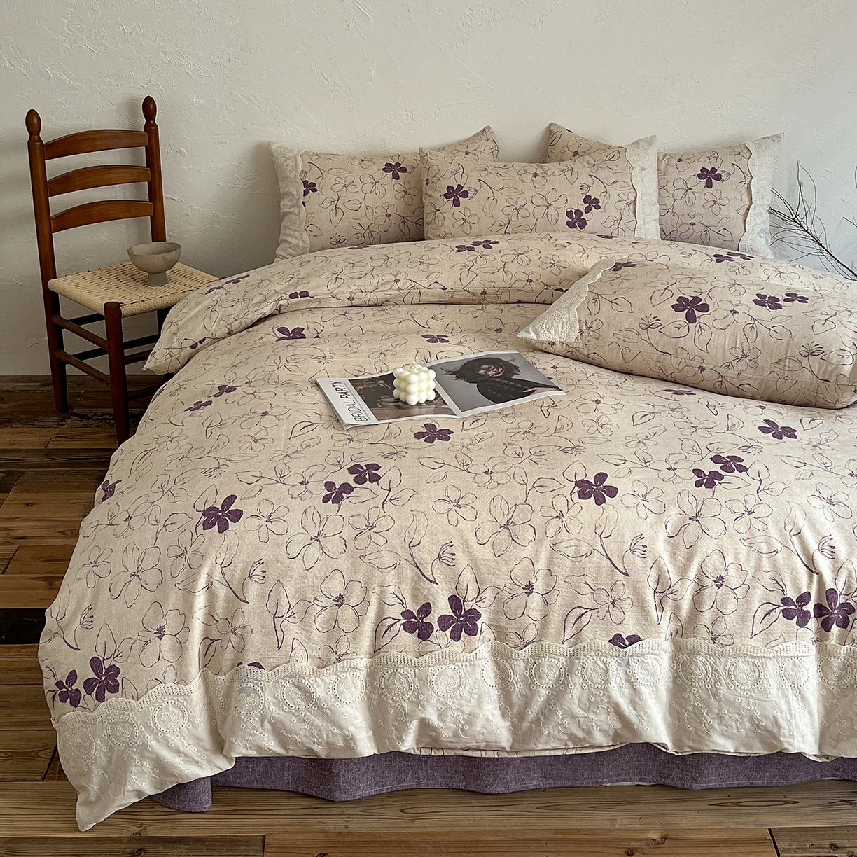 91家纺网 家纺一手货源 找家纺 一比一家纺 2026秋冬新品高克重原麻复古全棉花边棉麻侘寂风原麻四件套 （控价99元）约定紫