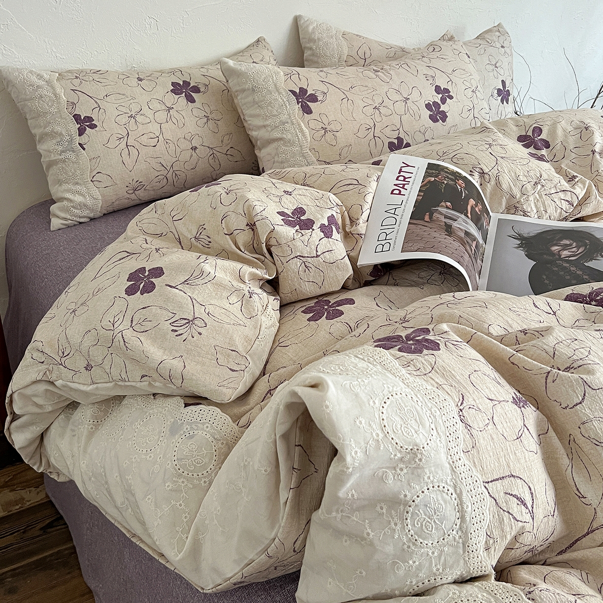 91家纺网 家纺一手货源 找家纺 一比一家纺 2026秋冬新品高克重原麻复古全棉花边棉麻侘寂风原麻四件套 （控价99元）约定紫