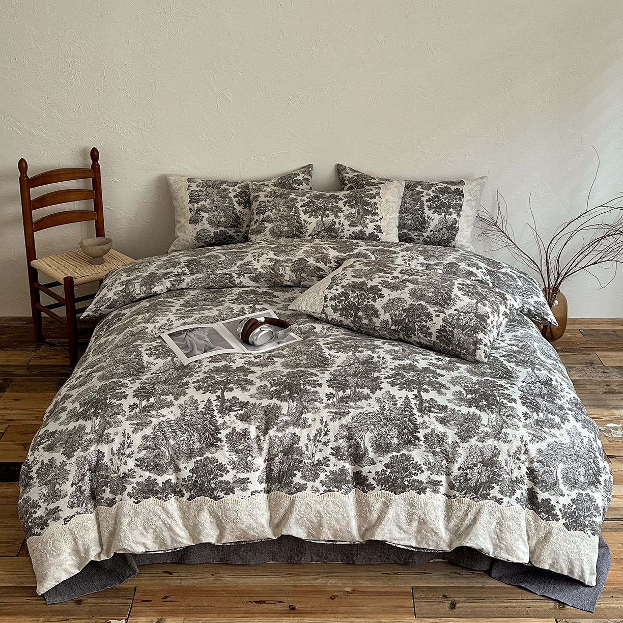 91家纺网 家纺一手货源 找家纺 一比一家纺 2026秋冬新品高克重原麻复古全棉花边棉麻侘寂风原麻四件套 （控价99元）墨染江南