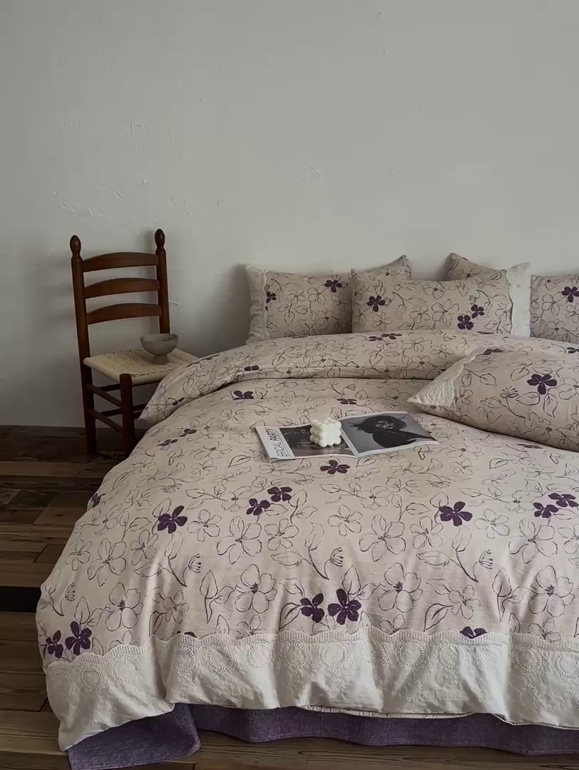 91家纺网 家纺一手货源 找家纺 一比一家纺 2026秋冬新品高克重原麻复古全棉花边棉麻侘寂风原麻四件套 （控价99元）约定紫