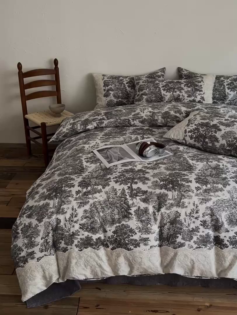 91家纺网 家纺一手货源 找家纺 一比一家纺 2026秋冬新品高克重原麻复古全棉花边棉麻侘寂风原麻四件套 （控价99元）墨染江南