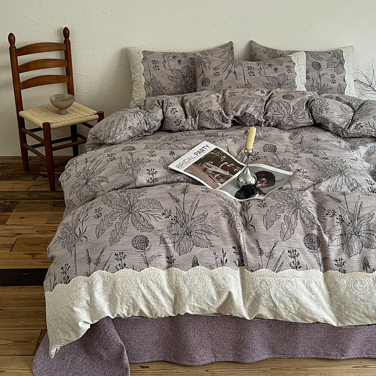 91家纺网 家纺一手货源 找家纺 一比一家纺 2026秋冬新品高克重原麻复古全棉花边棉麻侘寂风原麻四件套 （控价99元）麦卡伦