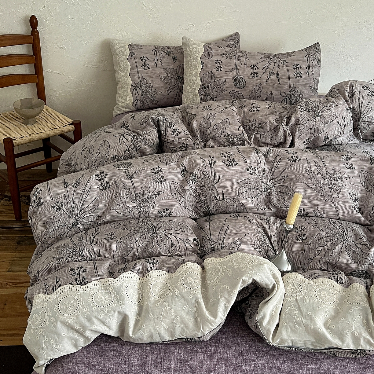 一比一家纺 2026秋冬新品高克重原麻复古全棉花边棉麻侘寂风原麻四件套 （控价99元）麦卡伦