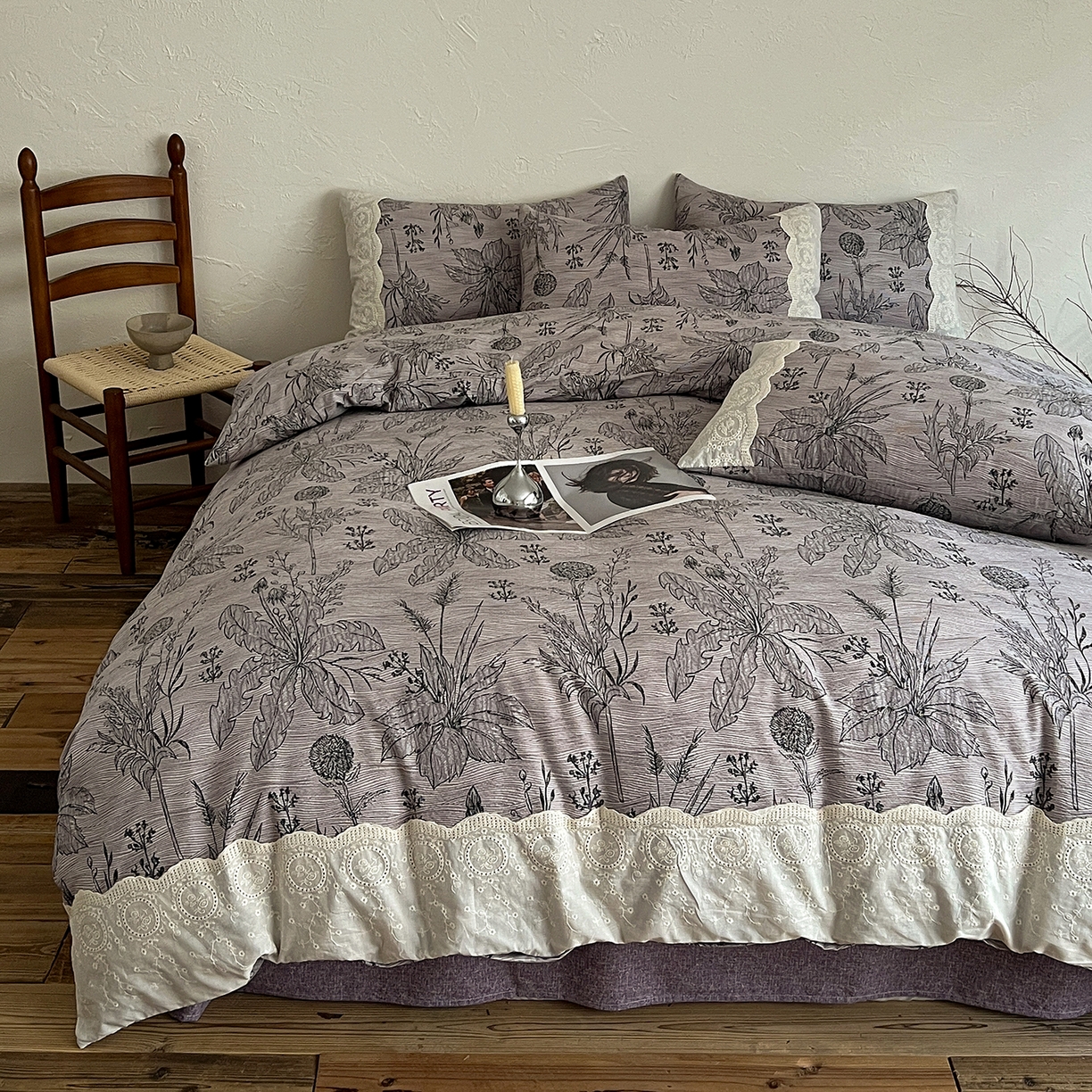 91家纺网 家纺一手货源 找家纺 一比一家纺 2026秋冬新品高克重原麻复古全棉花边棉麻侘寂风原麻四件套 （控价99元）麦卡伦