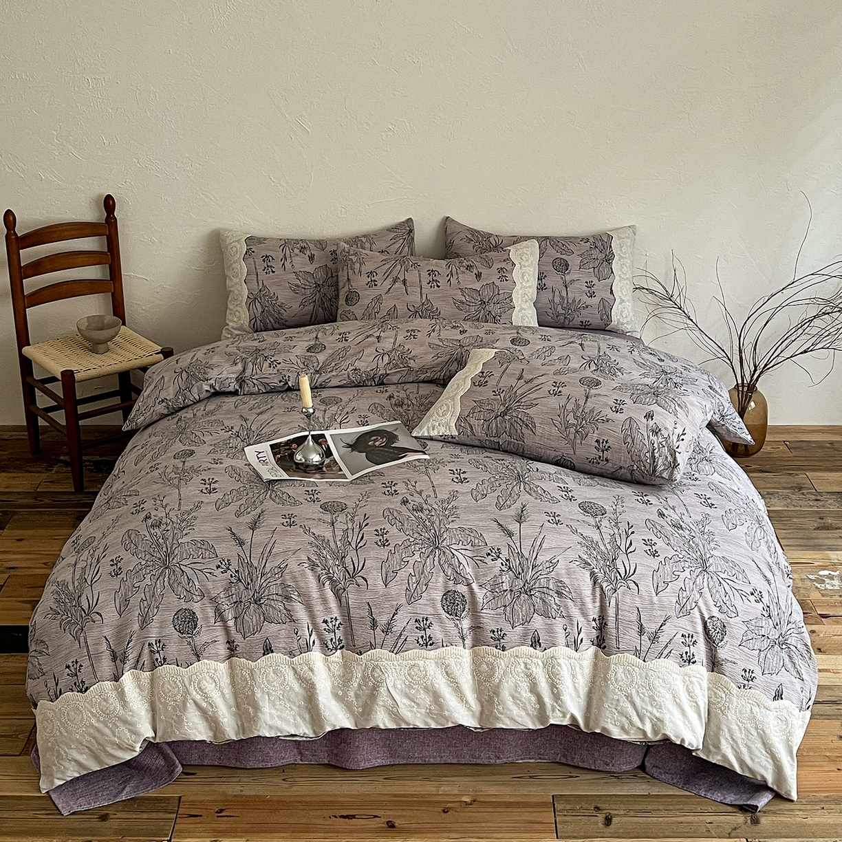 91家纺网 家纺一手货源 找家纺 一比一家纺 2026秋冬新品高克重原麻复古全棉花边棉麻侘寂风原麻四件套 （控价99元）麦卡伦