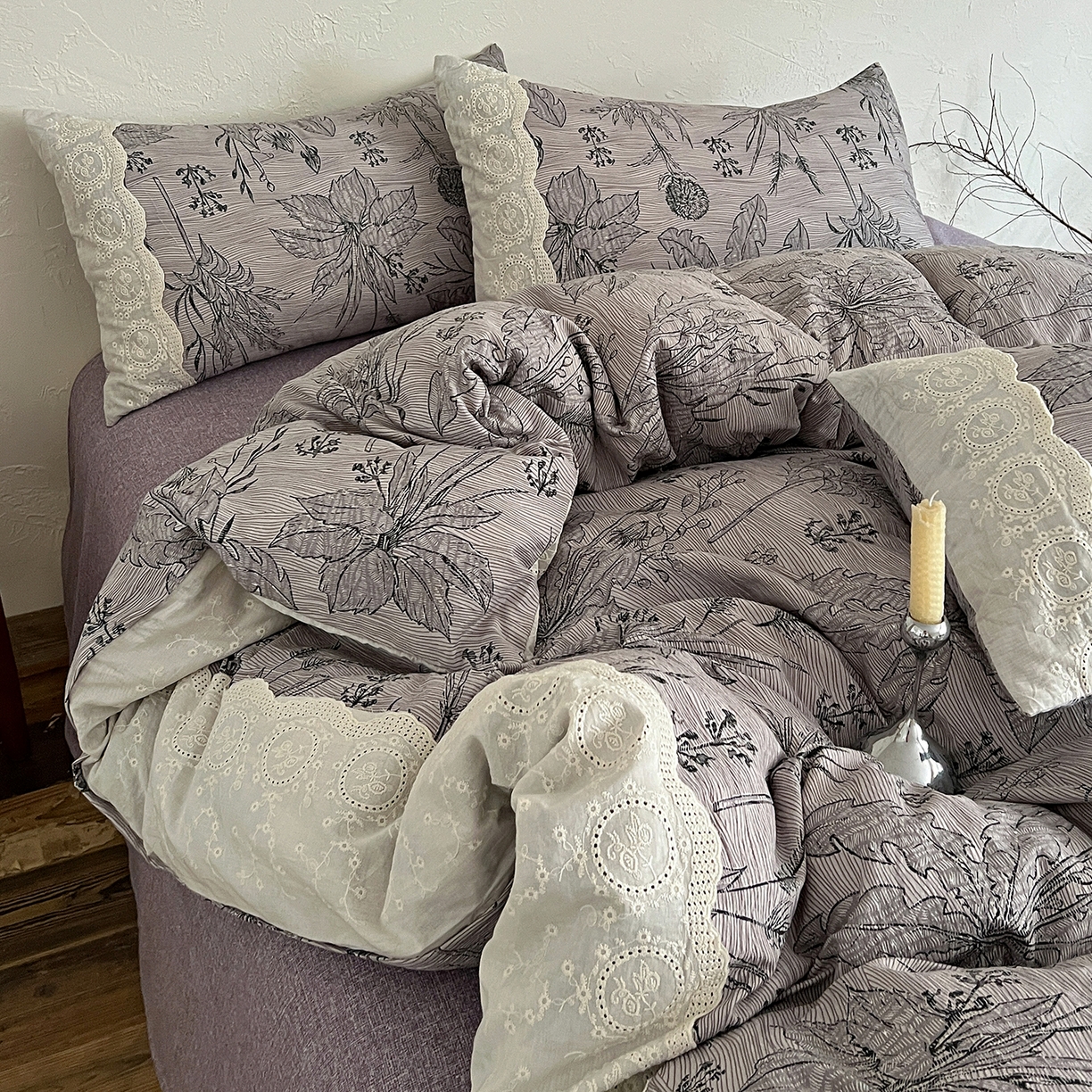 91家纺网 家纺一手货源 找家纺 一比一家纺 2026秋冬新品高克重原麻复古全棉花边棉麻侘寂风原麻四件套 （控价99元）麦卡伦