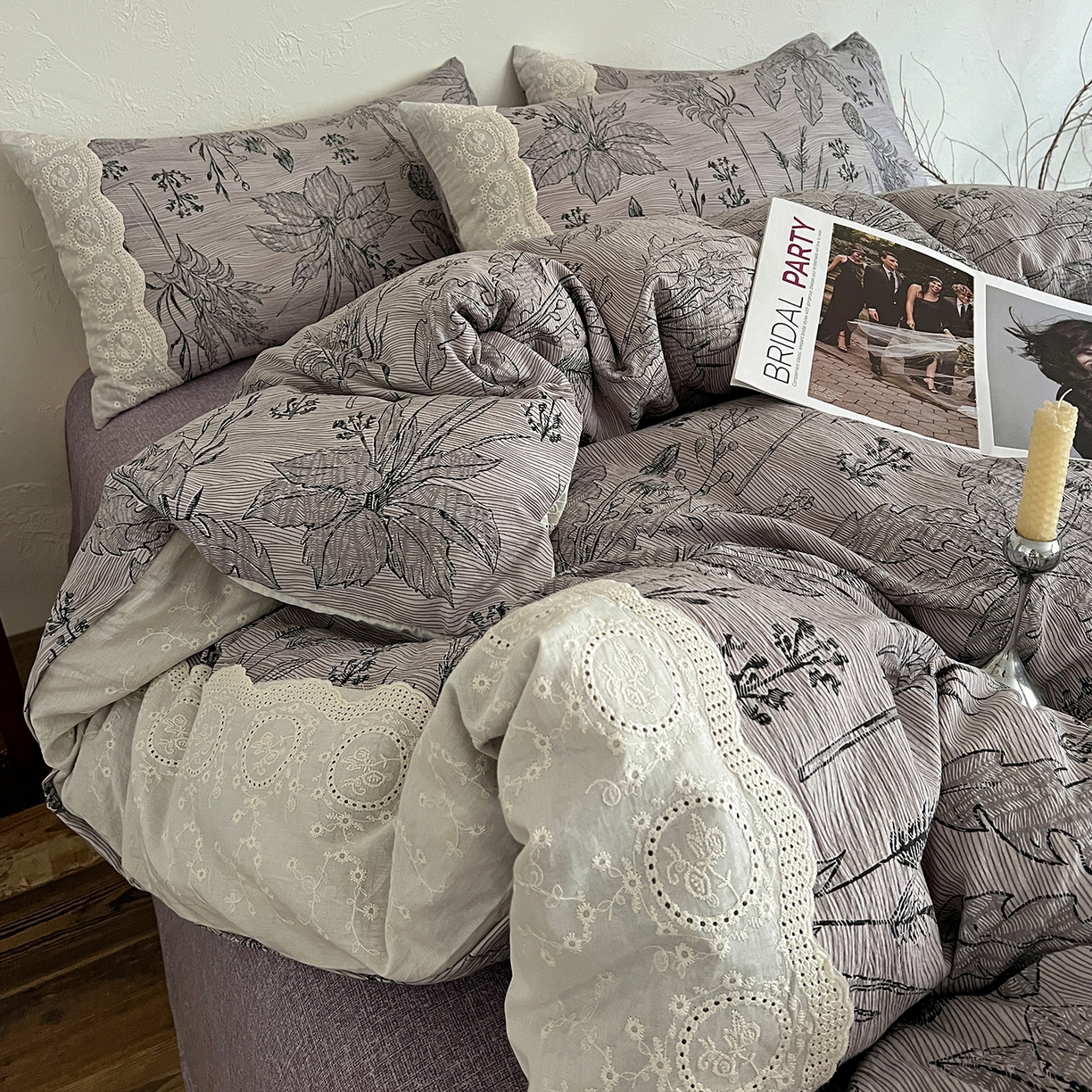 91家纺网 家纺一手货源 找家纺 一比一家纺 2026秋冬新品高克重原麻复古全棉花边棉麻侘寂风原麻四件套 （控价99元）麦卡伦