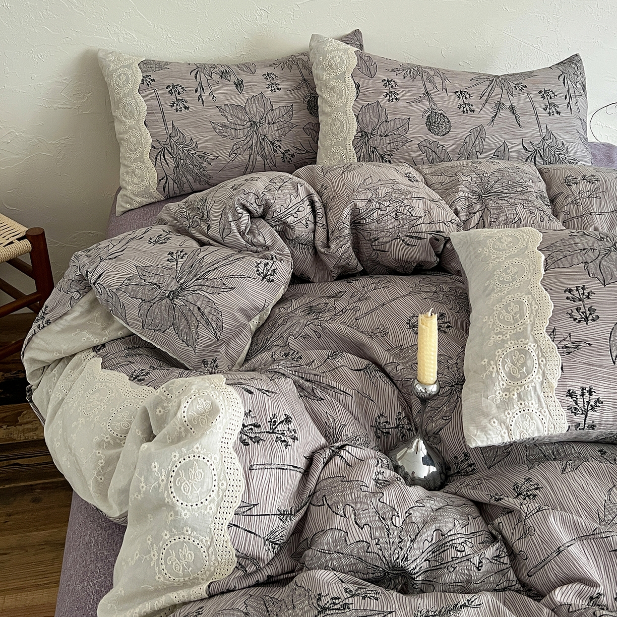 91家纺网 家纺一手货源 找家纺 一比一家纺 2026秋冬新品高克重原麻复古全棉花边棉麻侘寂风原麻四件套 （控价99元）麦卡伦