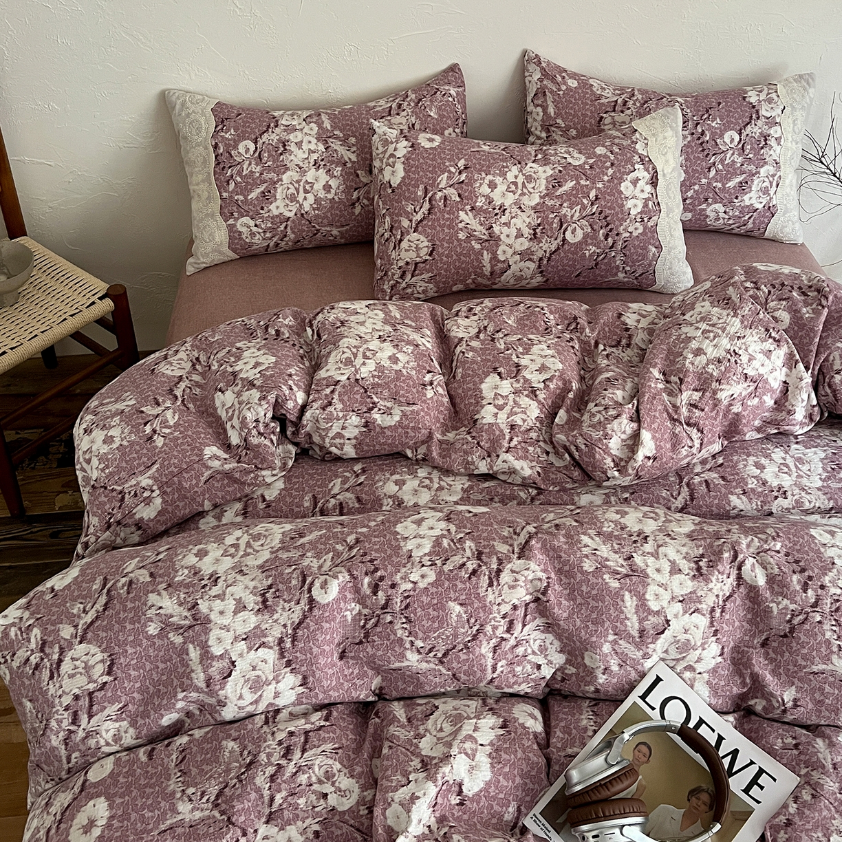 91家纺网 家纺一手货源 找家纺 一比一家纺 2026秋冬新品高克重原麻复古全棉花边棉麻侘寂风原麻四件套 （控价99元）铃兰