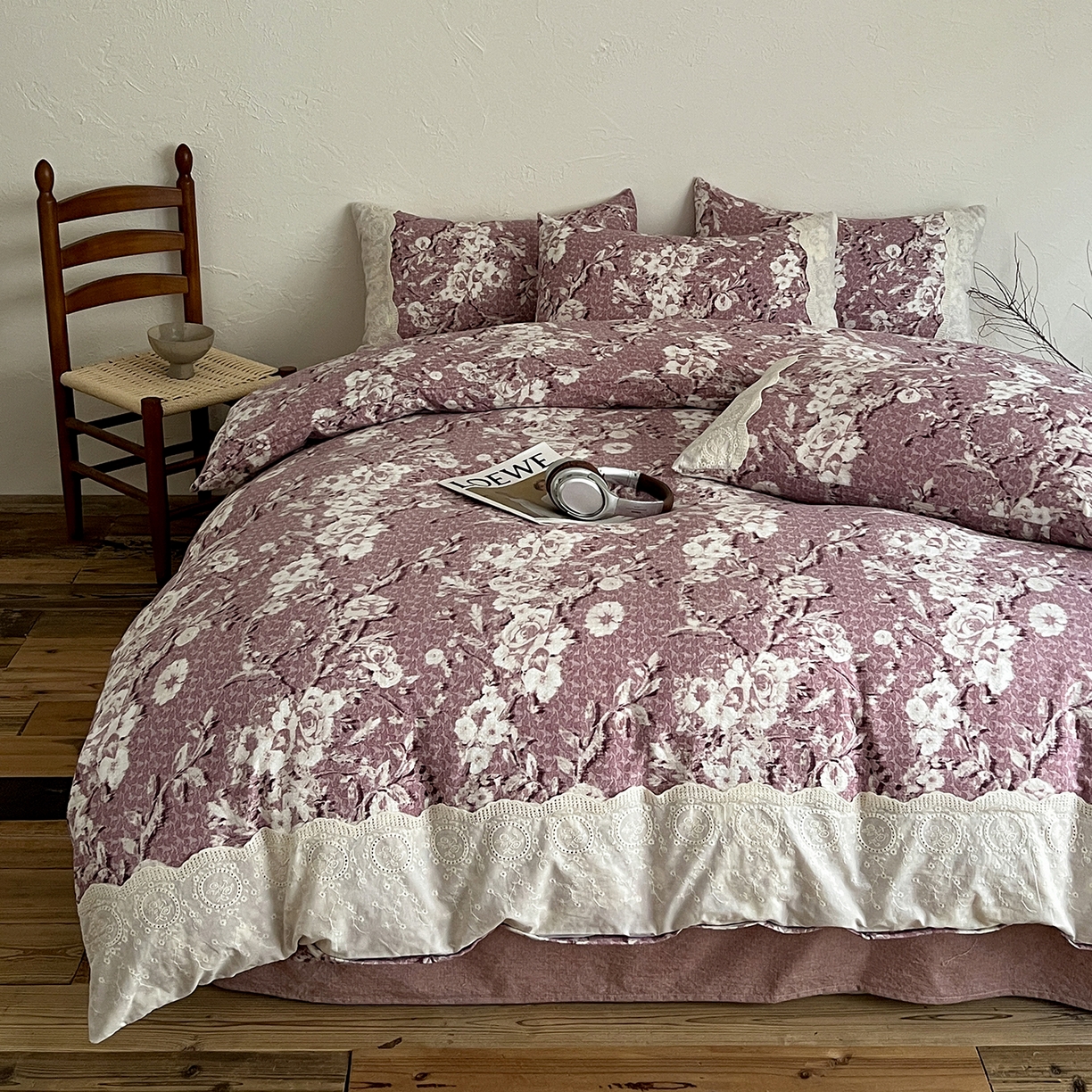 91家纺网 家纺一手货源 找家纺 一比一家纺 2026秋冬新品高克重原麻复古全棉花边棉麻侘寂风原麻四件套 （控价99元）铃兰