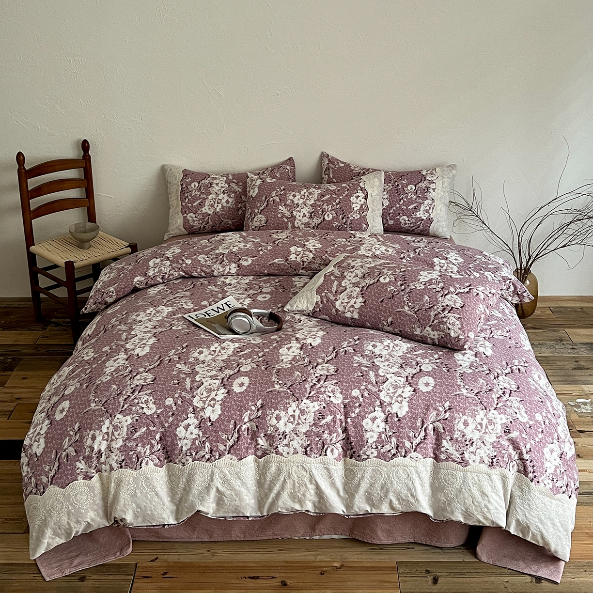 91家纺网 家纺一手货源 找家纺 一比一家纺 2026秋冬新品高克重原麻复古全棉花边棉麻侘寂风原麻四件套 （控价99元）铃兰