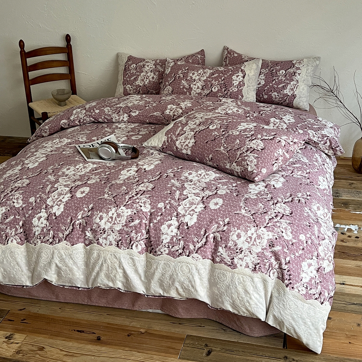 91家纺网 家纺一手货源 找家纺 一比一家纺 2026秋冬新品高克重原麻复古全棉花边棉麻侘寂风原麻四件套 （控价99元）铃兰