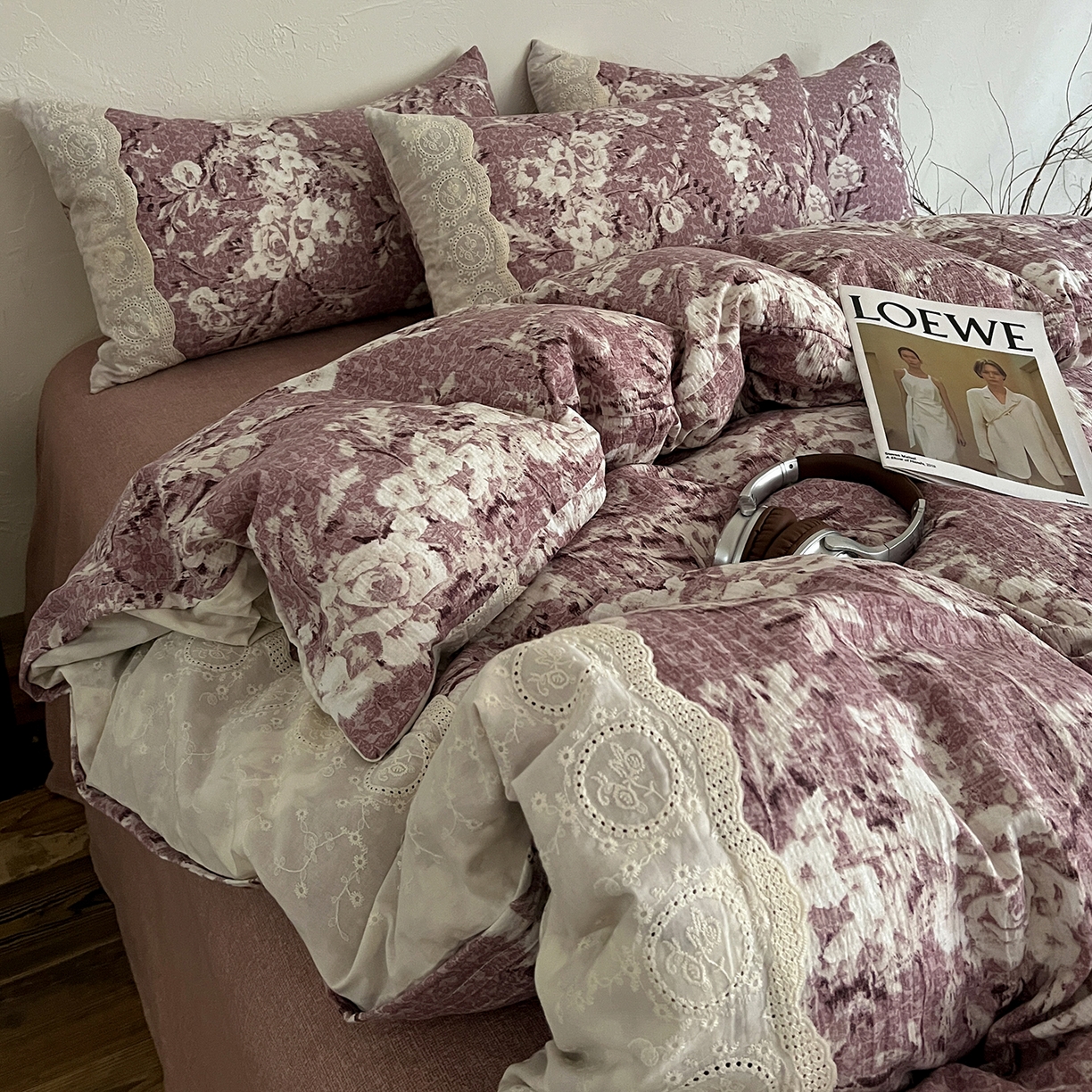 91家纺网 家纺一手货源 找家纺 一比一家纺 2026秋冬新品高克重原麻复古全棉花边棉麻侘寂风原麻四件套 （控价99元）铃兰