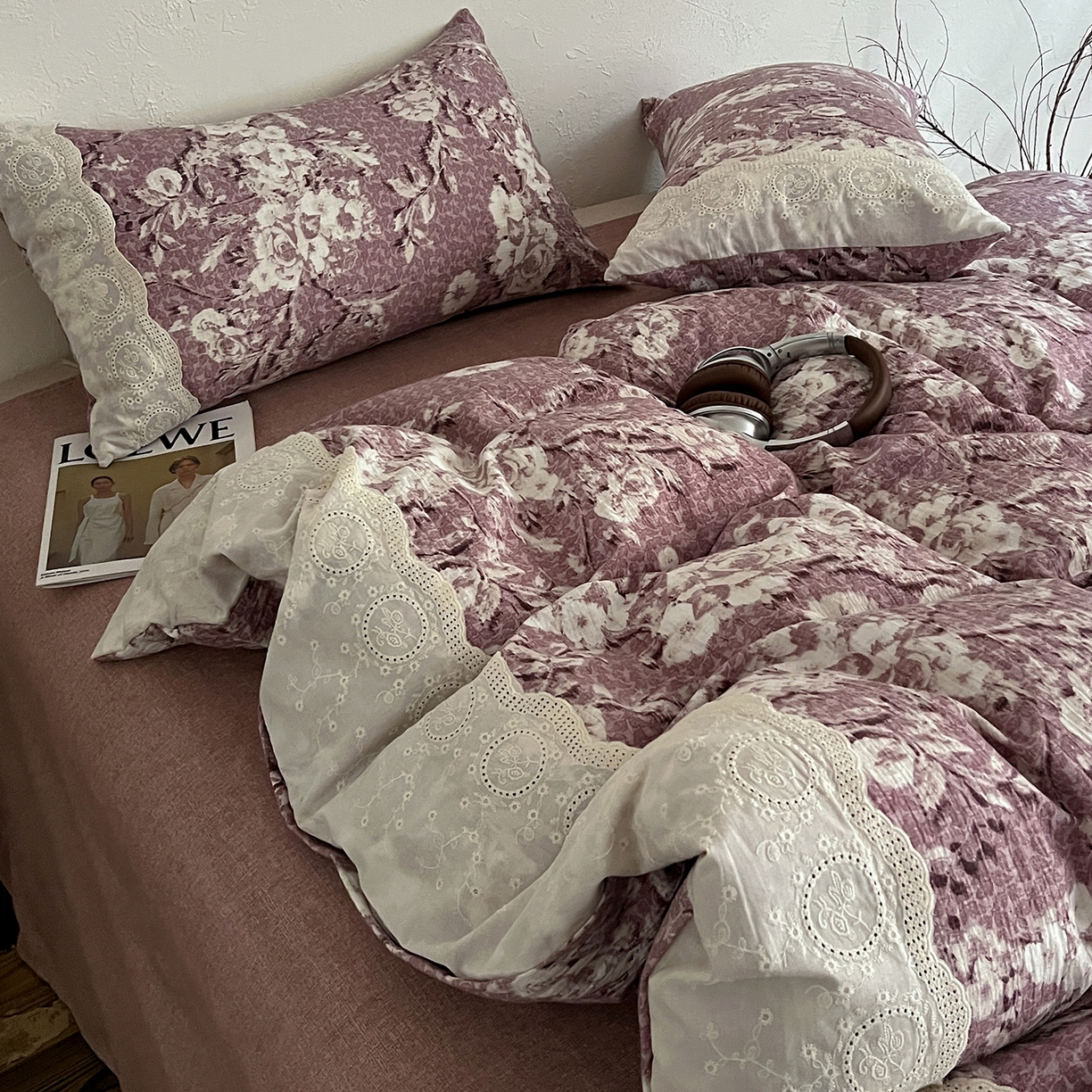 91家纺网 家纺一手货源 找家纺 一比一家纺 2026秋冬新品高克重原麻复古全棉花边棉麻侘寂风原麻四件套 （控价99元）铃兰