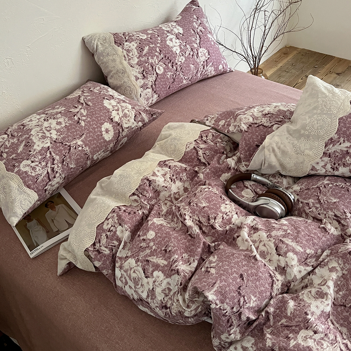 91家纺网 家纺一手货源 找家纺 一比一家纺 2026秋冬新品高克重原麻复古全棉花边棉麻侘寂风原麻四件套 （控价99元）铃兰