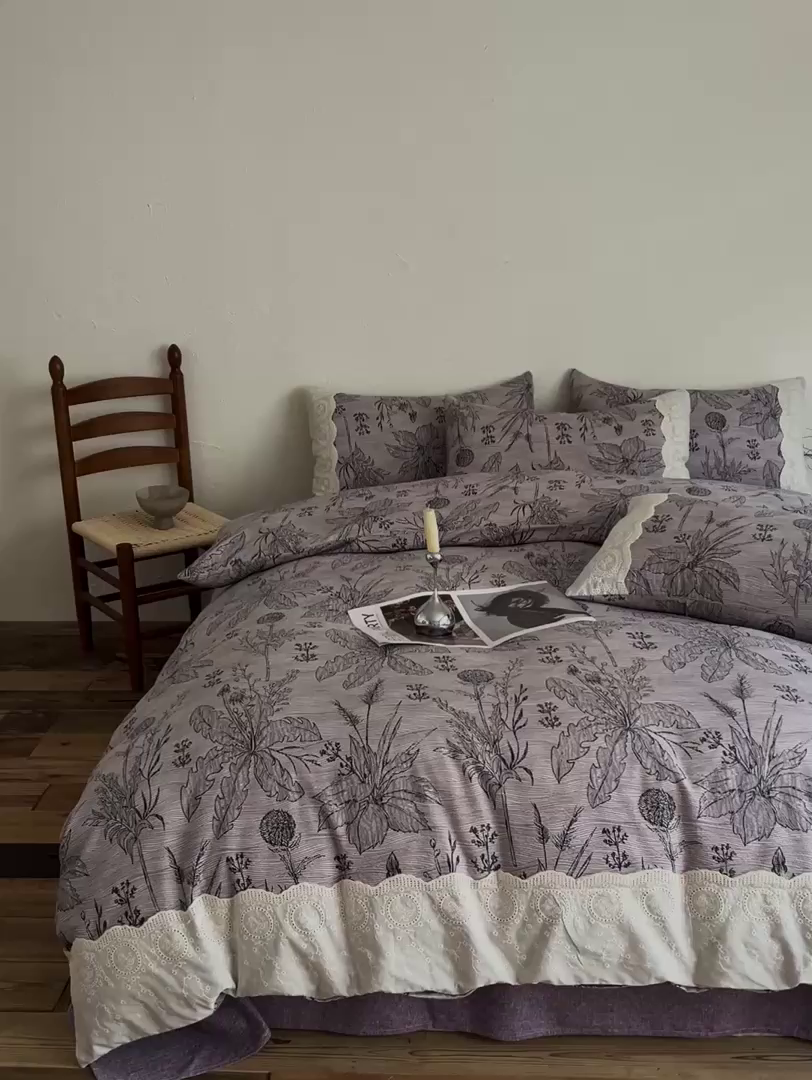 91家纺网 家纺一手货源 找家纺 一比一家纺 2026秋冬新品高克重原麻复古全棉花边棉麻侘寂风原麻四件套 （控价99元）麦卡伦