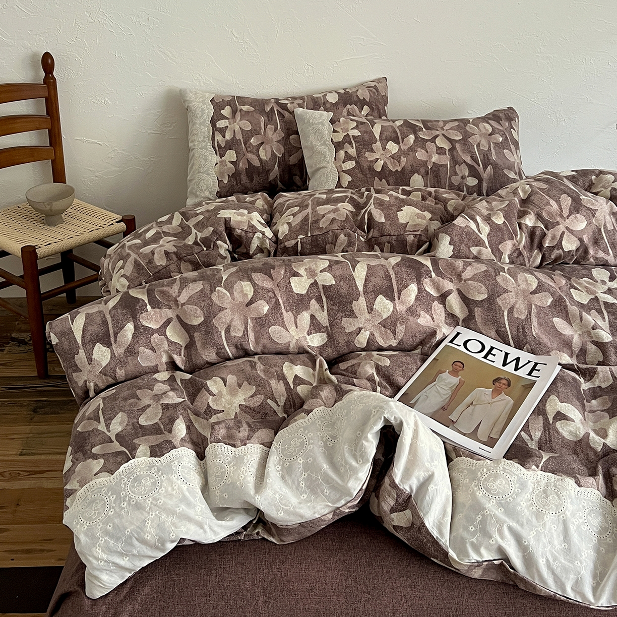 一比一家纺 2026秋冬新品高克重原麻复古全棉花边棉麻侘寂风原麻四件套 （控价99元）花影棕