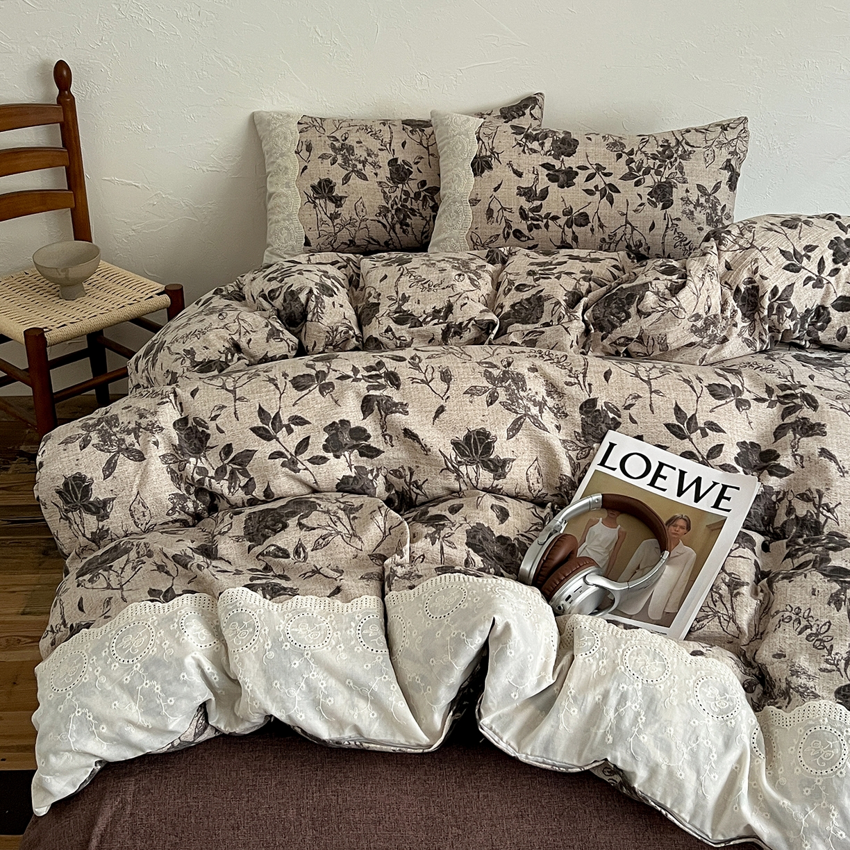 91家纺网 家纺一手货源 找家纺 一比一家纺 2025秋冬新品高克重原麻复古全棉花边棉麻侘寂风原麻四件套 （控价99元）茶野