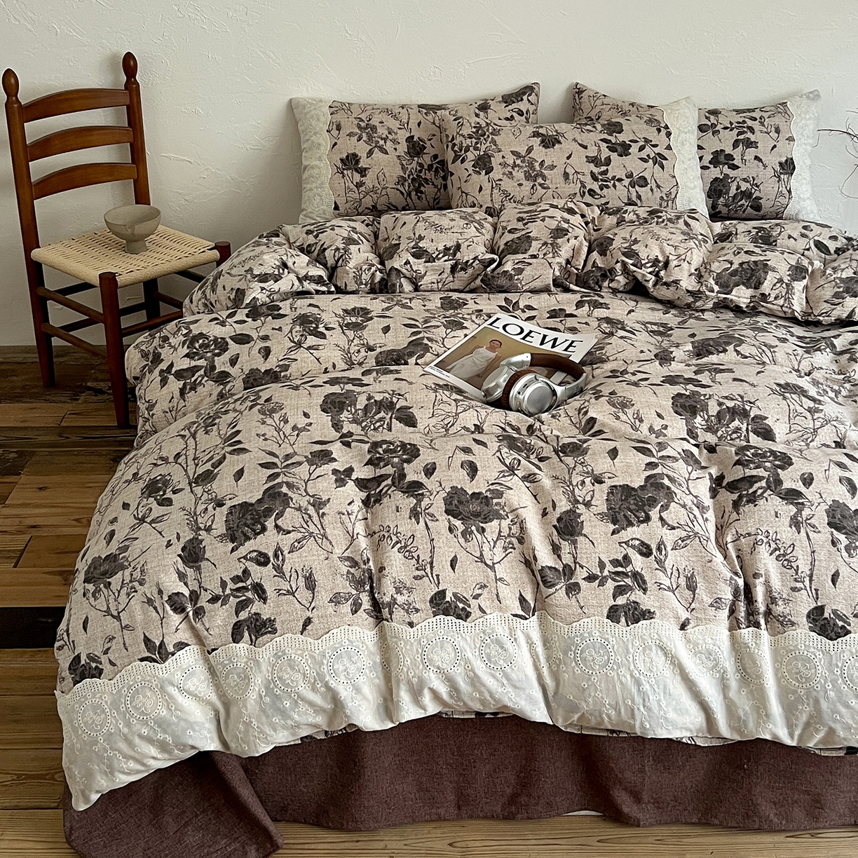 91家纺网 家纺一手货源 找家纺 一比一家纺 2025秋冬新品高克重原麻复古全棉花边棉麻侘寂风原麻四件套 （控价99元）茶野