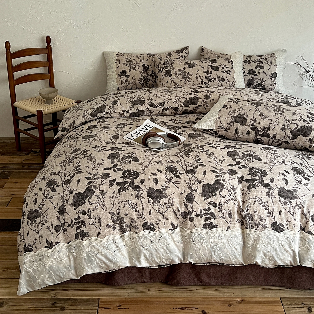 91家纺网 家纺一手货源 找家纺 一比一家纺 2025秋冬新品高克重原麻复古全棉花边棉麻侘寂风原麻四件套 （控价99元）茶野