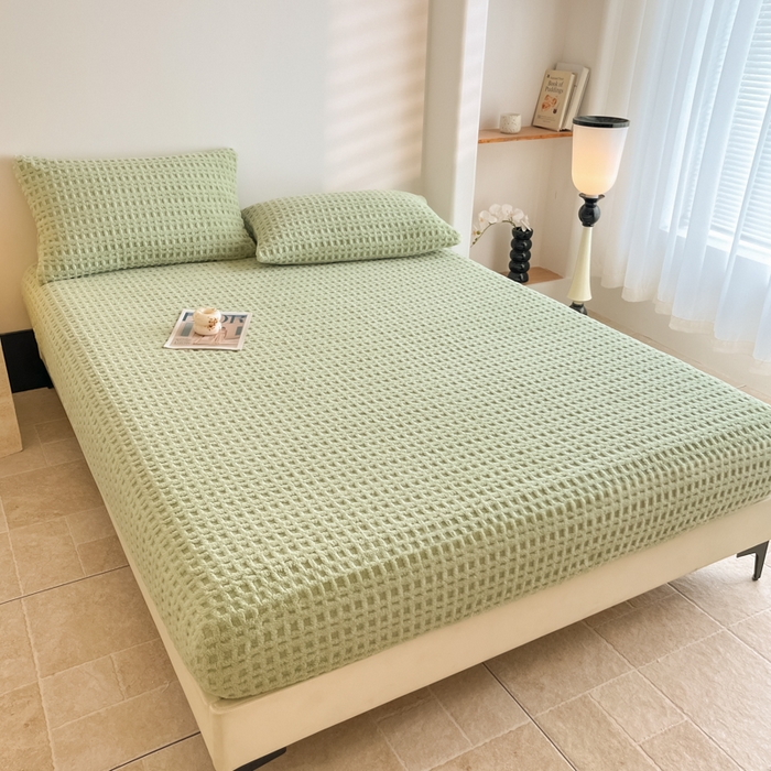 91家纺网 家纺一手货源 找家纺 欧邦 2025新款华夫格塔芙绒单床笠 床笠单件 华夫床笠-果绿