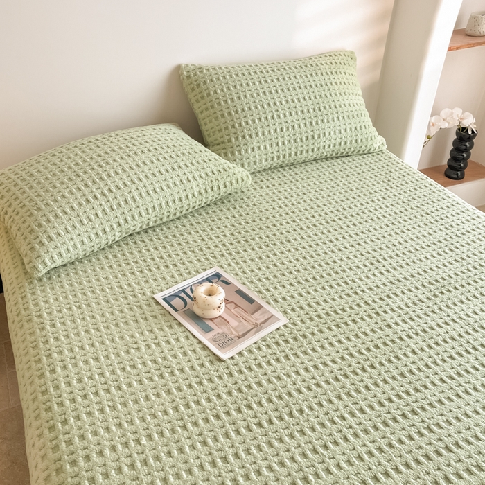 91家纺网 家纺一手货源 找家纺 欧邦 2025新款华夫格塔芙绒单床笠 床笠单件 华夫床笠-果绿