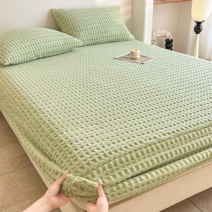 91家纺网 家纺一手货源 找家纺 欧邦 2025新款华夫格塔芙绒单床笠 床笠单件 华夫床笠-果绿