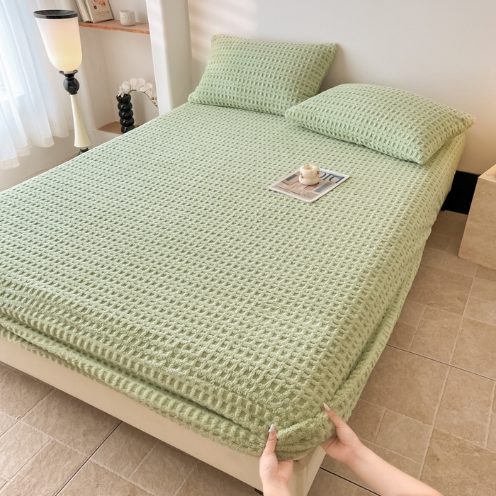 91家纺网 家纺一手货源 找家纺 欧邦 2025新款华夫格塔芙绒单床笠 床笠单件 华夫床笠-果绿