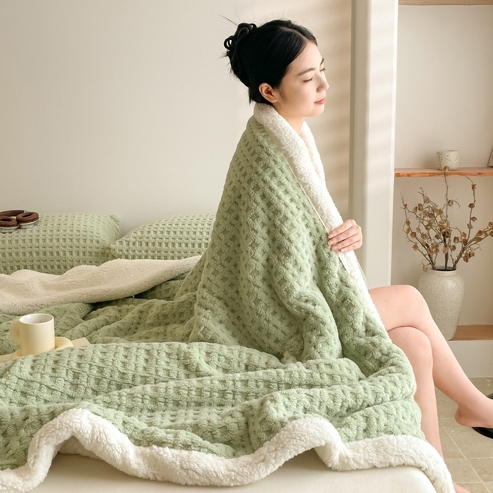 91家纺网 家纺一手货源 找家纺 （总）欧邦 2025新款华夫格双层毯盖毯毯子-场景1